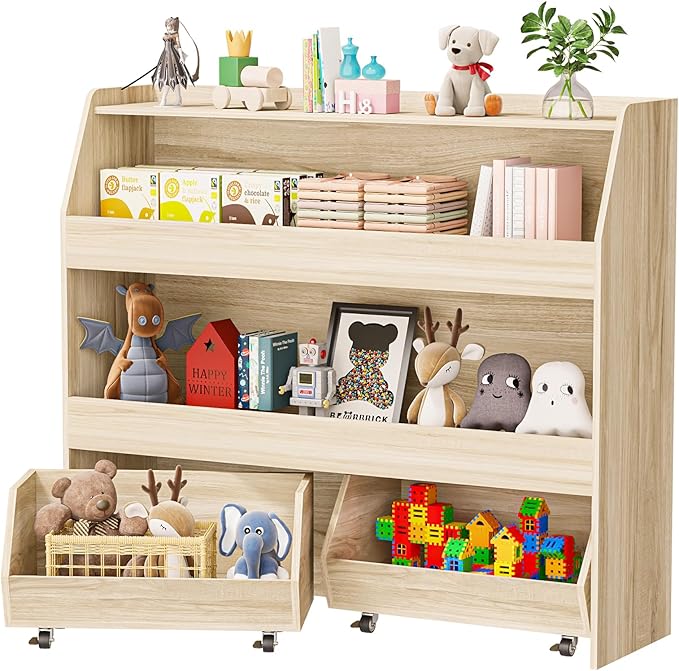 COZPAW Toy Storage Organizer, 3 Tier Montessori Shelf with Movable Bins, Toy Organizers Book Shelf for Kids Room, Playroom, Nursery (Wood)