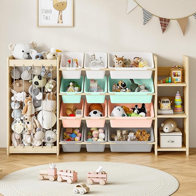 EXPERLAM 3-in-1 Toy Storage Organizer, Stuffed Animal Holder & 3-Tier Bookcase, Solid Wood Toy Organizer with 12 Storage Bins, Space-Saving Toy & Book Shelf for Kids Rooms, Bedroom, Playroom, Multi