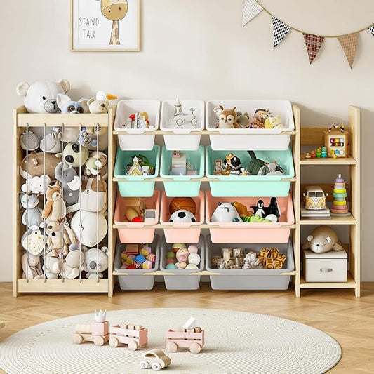 EXPERLAM 3-in-1 Toy Storage Organizer, Stuffed Animal Holder & 3-Tier Bookcase, Solid Wood Toy Organizer with 12 Storage Bins, Space-Saving Toy & Book Shelf for Kids Rooms, Bedroom, Playroom, Multi