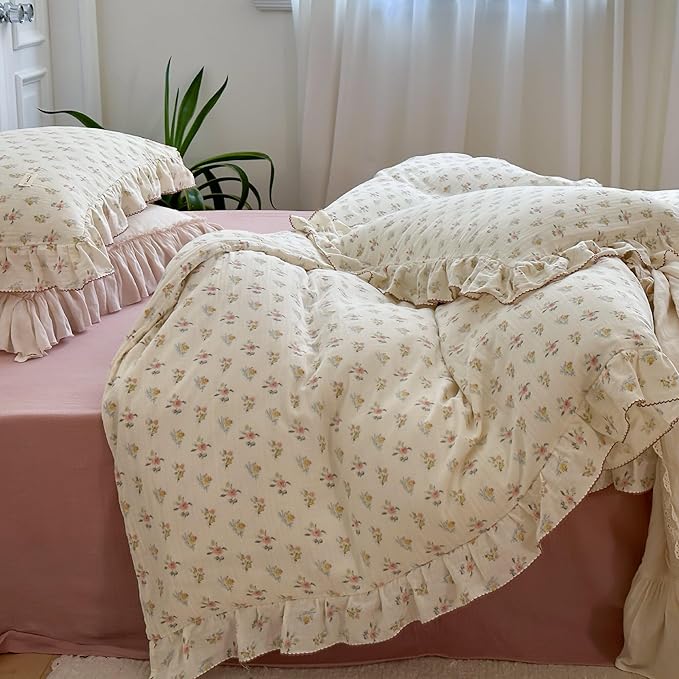 BuLuTu 100% Cotton Muslin Duvet Cover Twin for Kids Girls Boys, Shabby Chic Azalea Floral Duvet Covers Vintage Farmhouse Comforter/Quilt Cover with Ruffles, 68"x86", Zipper Closure, No Pillow