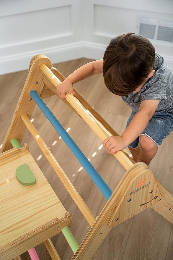 Avenlur Hazel 5-in-1 Indoor Climbing Gym - Waldorf and Montessori Climbing Set with Triangle Ladder, Climbing Ramp, Arch Climber, Rocker, and Slide - Montessori Toys for Children 18mo to 7yr (Colored)
