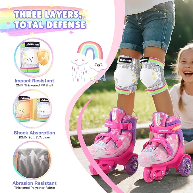 Knee Pads for Kids - ZOOBLISS Toddler Knee and Elbow Pads Set Wrist Guards for Skating Girls Aged 3-12, Kids Protective Gear for Roller Skates Skateboard Bike Scooter, Included Drawstring Bag(Rainbow)