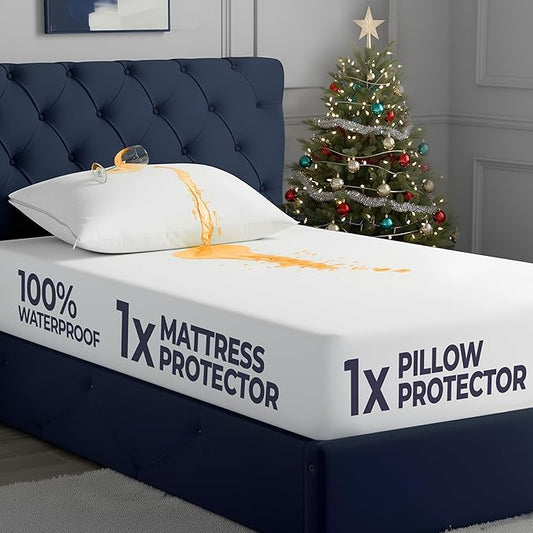 Utopia Bedding Waterproof Mattress Protector Set, Twin Sheet Set Deep Pocket Soft and Breathable, Includes 1 Fitted Style Mattress Cover and 1 Zippered Pillow Protector