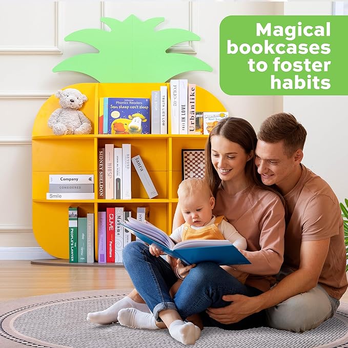 9-Cube Book Shelf and Toy Storage Organizer, Pineapple Shaped Kids Bookcases for Nursery, Playroom, Bedroom, or Classroom