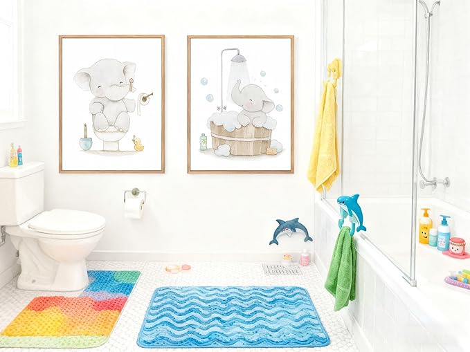 Framed. Set of three prints for bathrooms. An elephant in my bathroom wall art. Canvas Print. Funny kids Bathroom home decor. 12x16 inch.