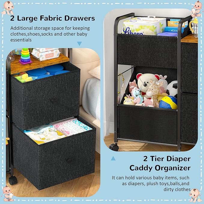 Baby Diaper Caddy Organizer Cart, Bedside Cart for Baby Essentials, Nursing Storage with Drawers and Lockable Wheels, Baby Organizers and Storage for Bedroom, Living room, Bathroom