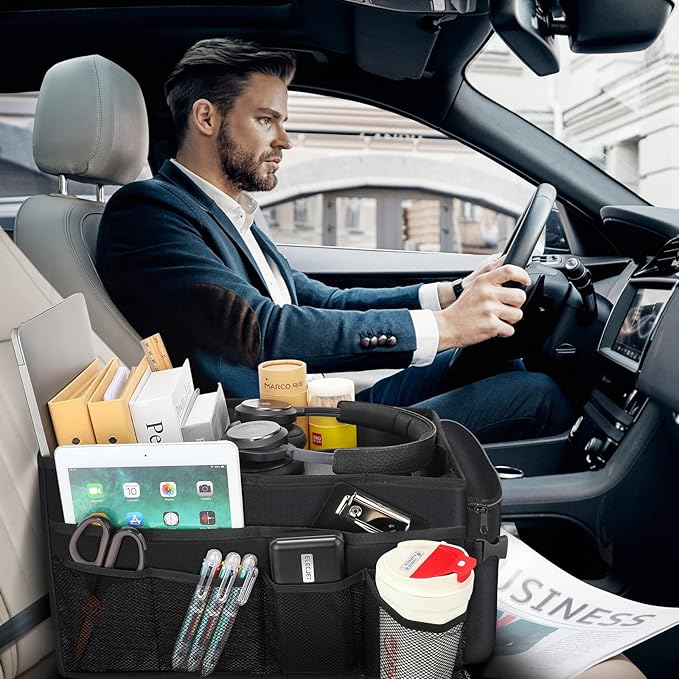 Ldex Car Seat Organizer for Back Seat Front Seat Between Seats,Car Storage Organizer for Kids with Multi- Pockets，Collapsible,cup Holders, Removable Dividers(Black)