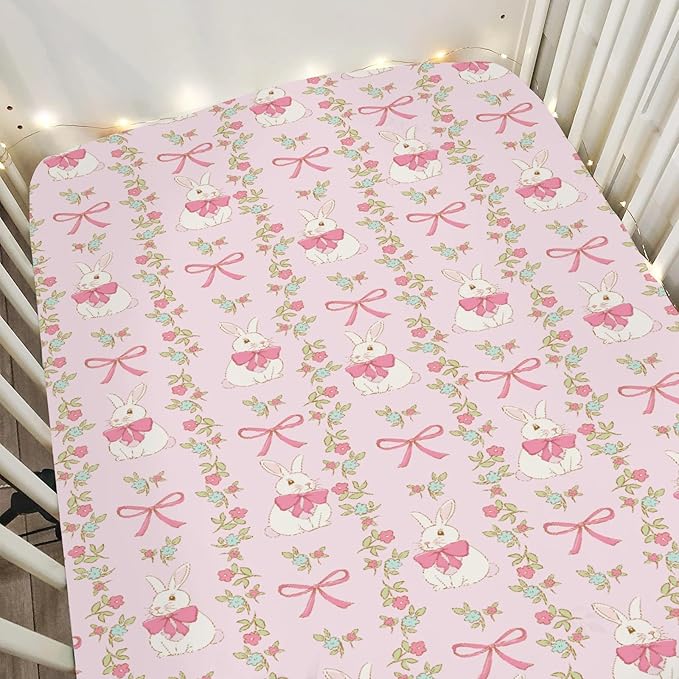 Preppy Bunny Easter Baby Crib Sheets for Boy Girl 52"x28" Pink Easter Rabbits Bows Floral Soft Stretchy Fitted Crib Mattress Cover Spring Garden Baby Sheet for Standard Crib and Toddler Bed Mattress