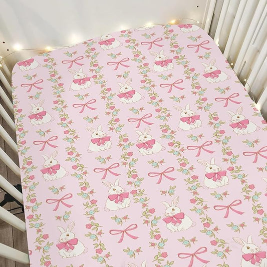 Preppy Bunny Easter Baby Crib Sheets for Boy Girl 52"x28" Pink Easter Rabbits Bows Floral Soft Stretchy Fitted Crib Mattress Cover Spring Garden Baby Sheet for Standard Crib and Toddler Bed Mattress