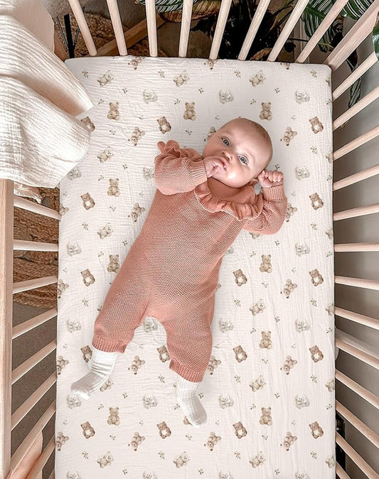 Mini Crib Sheets for Baby Boy Girl 2 Pack, Neutral Mini Crib Mattress Sheet 24" x 38", Muslin Nursery Bedding Soft and Breathable Comfort (Teddy & Friends)