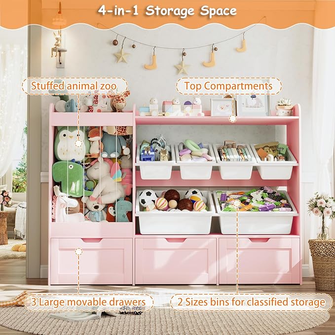 VortinT Kids Stuffed Animal Storage, 50.6" W Large Toy Organizer Shelf with 6 Plastic Bins, 3 Rolling Box, Wooden Toddler Toy Bookshelf Organization Shelves for Play Room, Nursery (Pink)