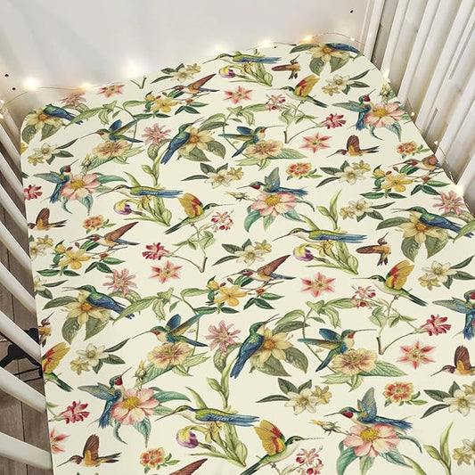 Vintage Hummingbirds Flowers Baby Crib Sheets for Boy Girl 28"x52" Spring Birds Colorful Floral Leaves Soft Snug Fitted Crib Mattress Cover Garden Baby Sheet for Standard Crib & Toddler Bed Mattress