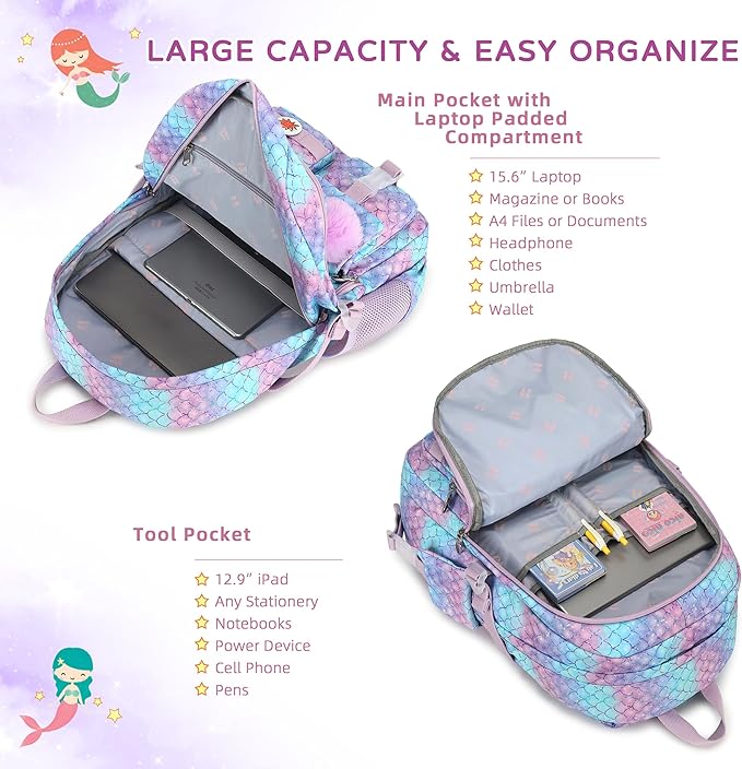 KIDNUO Girls Backpack,15.6 Inch Laptop School Bag Large Primary Elementary Middle College Bookbags Kids Backpacks for Teens Girl Women Students Anti Theft Travel Daypack (Purple)