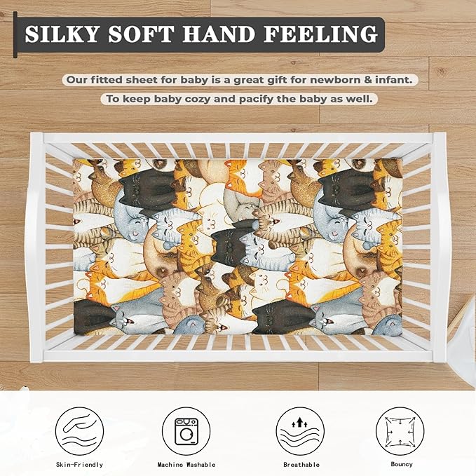 Colorful Cats Fitted Crib Sheet for Boys Girls Cute Animal Kittens Baby Sheet for Standard Crib and Toddler Cartoon Cat Nursery Bed Mattress Sheets 28"x52"