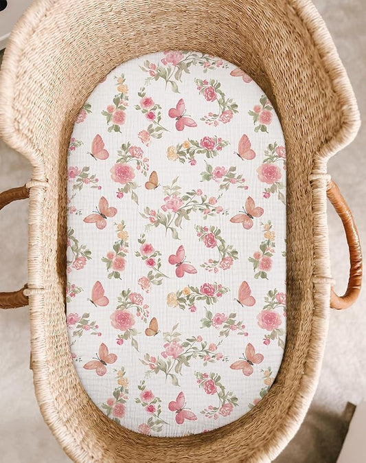 Bassinet Sheet for Baby Boy and Girl 2 Pack, Fitted Sheets for Rectangle, Oval, Hourglass Bassinet Mattress, Muslin Moses Basket Sheets with Neutral Style (Butterfly & Beige)