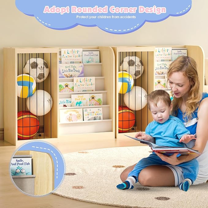 HedoAjim Natural Wood Kids Bookshelf & Stuffed Animal Net Holder Plush Toy Storage Organizer Child Bookcase Toddler Baby Sling Book Rack for Playroom Bedroom Nursery Infant Boys Girls Preschool