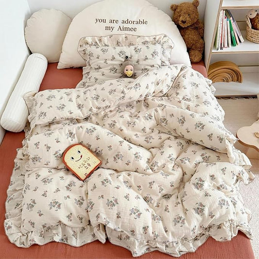 BuLuTu Muslin Floral Duvet Cover for Toddler Girls, Chic Shabby Aesthetic Kids Duvet Covers with Ruffles, All Seasons Gauze Cotton Toddler Bed Comforter Cover with Zipper, 47"x59", No Pillowcases