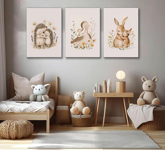 3 Pcs Animal Nursery Canvas Wall Art Watercolor Baby Animals with Wildflowers Painting Picture Wall Decor Cute Rabbit Hedgehog Duck Nursery Paintings Artwork for Kids, Baby Room Home Decoration