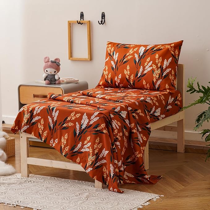 KAREVER Botanical Toddler Bedding Set Flower Print 4 Pieces Crib Bed Set Kids Burnt Orange Floral Comforter Set