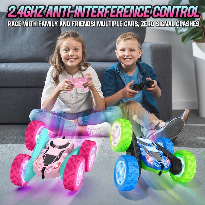 Pink Remote Control Car for Girls, Double Sided with Shining Headlights & Wheel Lights, Girl Princess Toys, Rechargeable Toy Car for 6-7 6-8 9 10-12 Year Old Girls Birthday