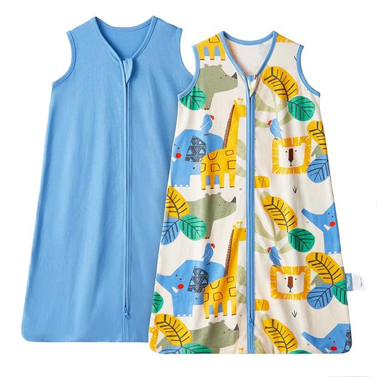 TILLYOU 2 Pack Baby Sleep Sack 18-24 Months 100% Cotton Wearable Blanket 0.5 TOG Sleeveless Summer Sleep Sacks with 2-Way Zipper, Animal Geometry & Blue