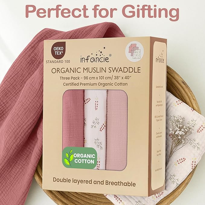 Organic Cotton Muslin Baby Blanket 3 Pack - 38x40 Inch Breathable Swaddle, Hypoallergenic Double-Layer, Versatile Use (Pink, Floral, Rust, 38x40 Inch)
