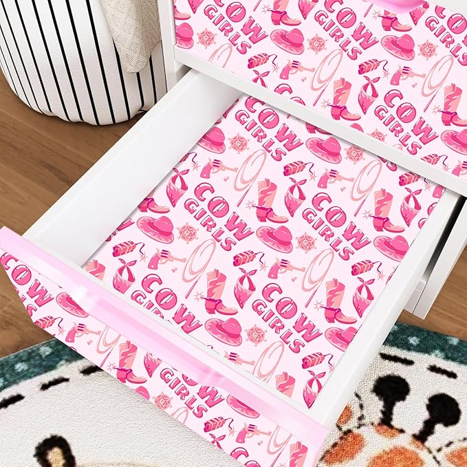 Pink Peel and Stick Wallpaper Cowgirl Contact Paper Staircase Sticker Western Theme Self Adhesive Wall Paper Hat Boots Vinyl Film Disco Cow Print Art Mural for Cabinets Bedroom Drawer 15.7"x62.9"