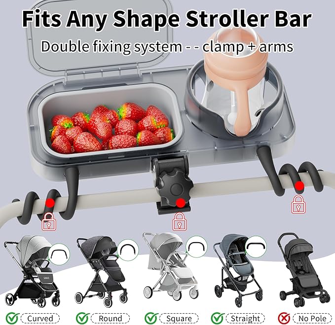 btrfe Universal Stroller Snack Tray, 3-in-1 Cup Holder Tray with Clamp & Silicone Arms Grip & Detachable Silicone Tray, Stroller Tray Attachment for Toddler & Kids, Snacking On The Go
