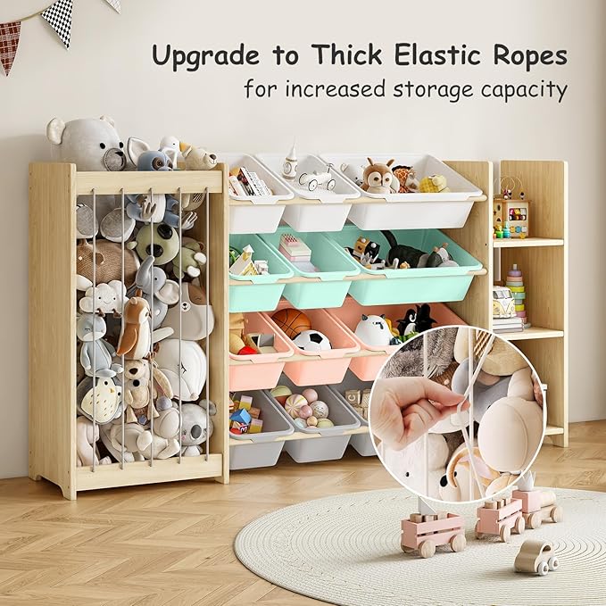 EXPERLAM 3-in-1 Toy Storage Organizer, Stuffed Animal Holder & 3-Tier Bookcase, Solid Wood Toy Organizer with 12 Storage Bins, Space-Saving Toy & Book Shelf for Kids Rooms, Bedroom, Playroom, Multi
