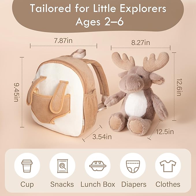 Moonkie Hug & Go™ Reindeer Toddler Backpack – Soft Plush Bag with Take-Along Toy for Kids Aged 2–4 | Ideal for Daycare | Travel & Birthday Gifts