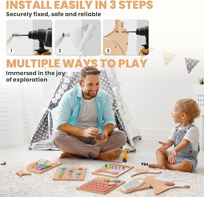 BlueWood Wooden Wall Busy Board Panels, Toddler Learning Activity Center, Montessori Philosophy Sensory, Educational Toys, Conducive to All-Round Development - Corgi