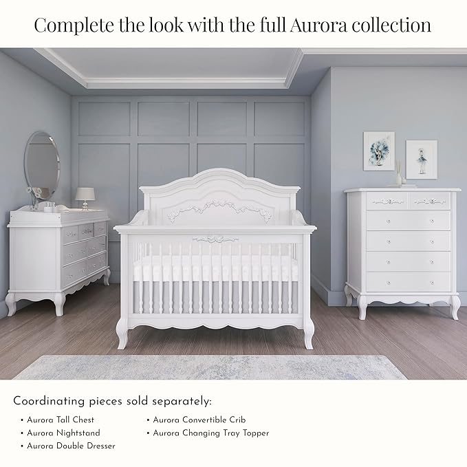 évolur Aurora 5-in-1 Convertible Full-Size Baby Crib in Frost White, GreenGuard Gold & JPMA, 3 Levels, Ribbon Bow Scrollwork & Queen Anne Feet, Converts to Toddler, Day & Full-Size Bed (Rails to Buy)