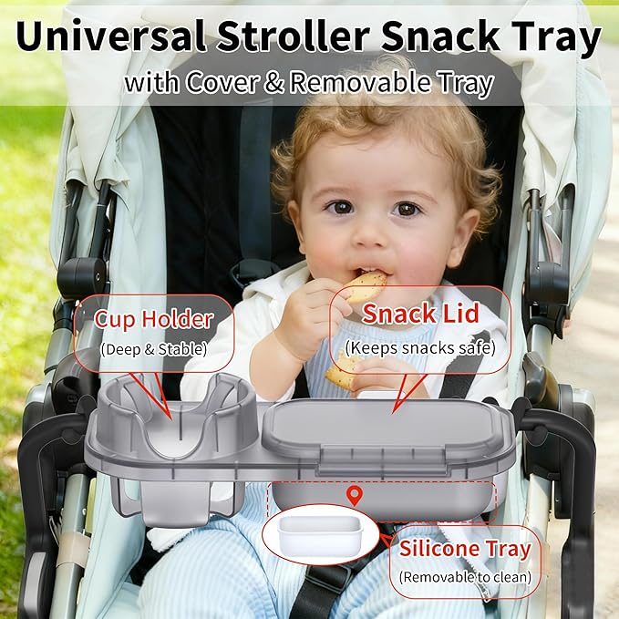 btrfe Universal Stroller Snack Tray, 3-in-1 Cup Holder Tray with Clamp & Silicone Arms Grip & Detachable Silicone Tray, Stroller Tray Attachment for Toddler & Kids, Snacking On The Go