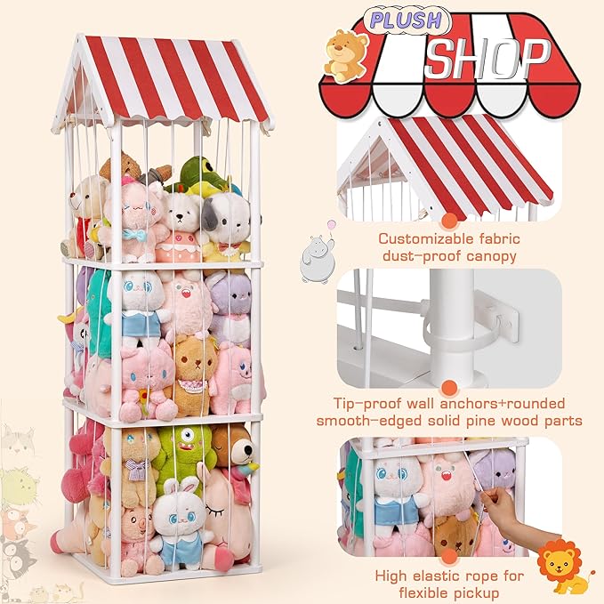 Edudif Stuffed Animal Storage, Space Saving Vertical Stuffed Animal Holder Wood, Easy Assembly Cottage-Style Plush Toys Organizer for Kids Bedroom & Playroom (White, Large)