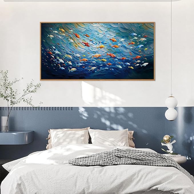 CHDITB Ocean Fish Sea Framed Canvas Wall Art, 20"X40" Large Under The Sea Fishes Oil Painting, Modren Navy Blue Marine Fish Wall Decor, Colorful Fishes Artwork for Living Room Bedroom Office Modern Home Decor