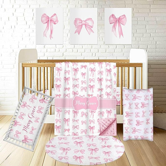 Personalized Baby Crib Bedding Set – Custom Name 4 Pcs Pink Bow Nursery Set with Minky Blanket, Fitted Sheet, Pad Cover & Rug, Soft Bedding for Girls, Ideal Shower Gift for Baby, New Parents