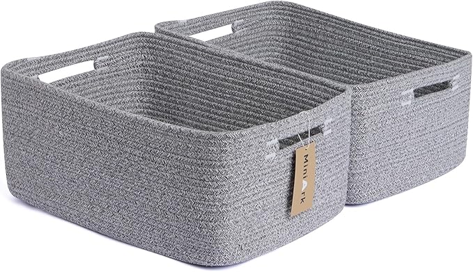MiniArk Large Storage Baskets for Shelves, Closet Organizers Bins for Clothes Blanket Towels, Baby Nursery, Toy Baskets Box, Woven Rope Baskets, 17 x 13 x 7.5”, 2 Packs Mixed Grey