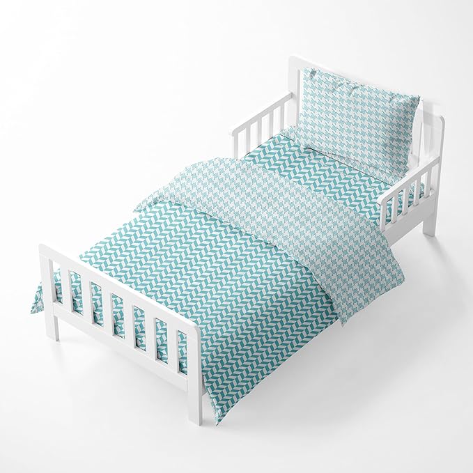 Bacati - Houndstooth/Herringbone 100% Cotton Muslin 4 Piece Neutral Toddler Bedding Set for US Standard Crib/Toddler Beds (Aqua)