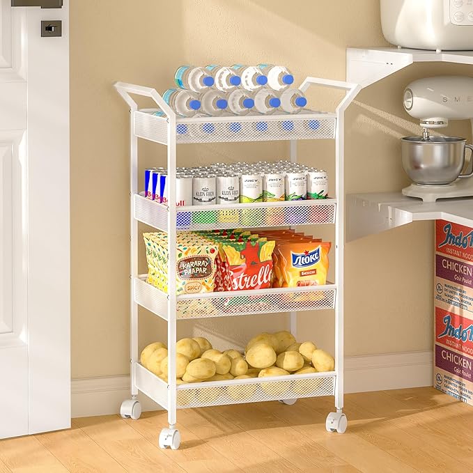 3IngSeagulls 4-Tier Baby Diaper Cart, Diaper Caddy Organizer, Rolling Utility Cart for Baby Supplies, Diaper Caddy Cart with Wheels for Bedroom, Nursery, Changing Table, White