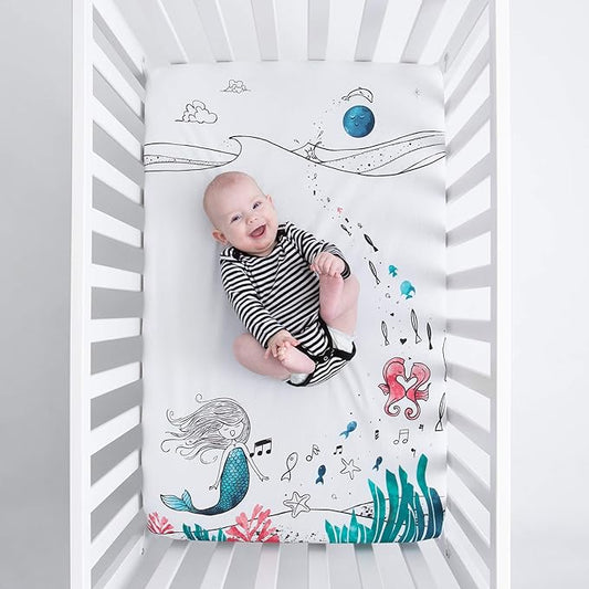 JumpOff Jo - Fitted Mini Crib Sheet for Portable Crib, Playard, and Playpen Mattresses and Mats, Super Soft 100% Cotton, 24 in. x 38 in. - Moonlight Mermaid