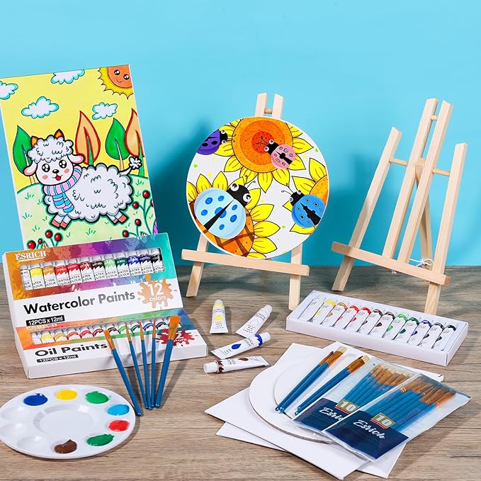 ESRICH 78Pack Acrylic Paint Set, Painting Kits for Adults, Paints Kit With3 Pack of 12 Colors Paint 3 Sets of Wooden Easels, Canvas, Brushes, Palette, Art Paint Supplies Kit for Adults Beginner