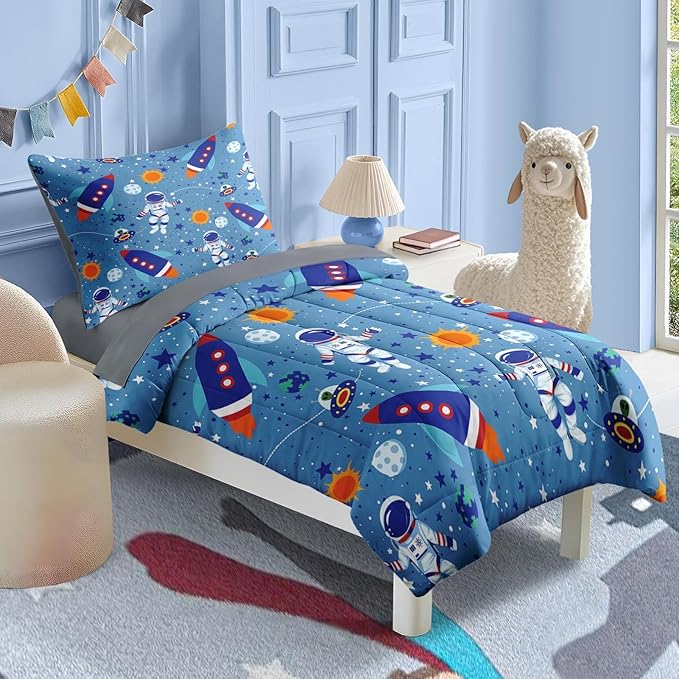 Nesker Comforter Set Toddler Size, Space Moon Astronaut 4 Pcs Bedding for Kids Teens, Science Galaxy Bed Sheet with Pillowcase & Sham