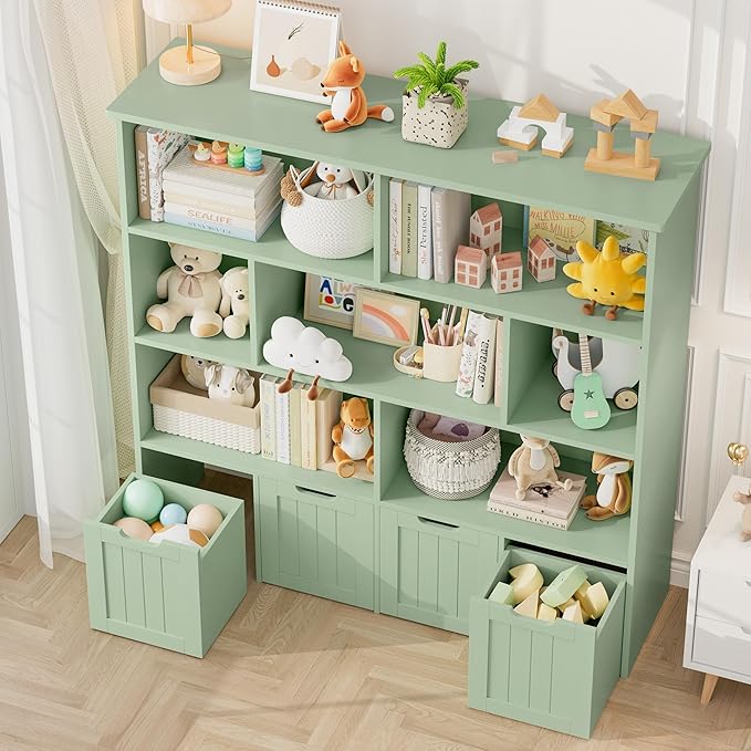 FINETONES Storage Organizer, Bookshelf with 4 Movable Chests and 7 Storage Cubes, Chest Storage with Hidden Wheels, Organizers and Storage, Green