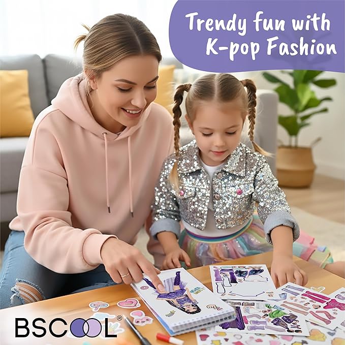 BSCOOL Sticker Dress up K-Pop - Sticker Activity Book for Kids. Learn Girls Fashion Design with Stickers and Guides for Kids 5 and up. Little Designer Creativity Book. K-Pop Singer Performance