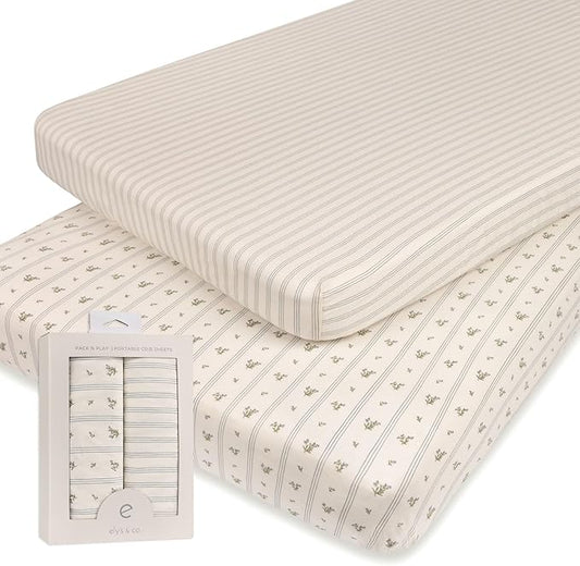 Ely's & Co. Pack and Play Sheets, for Mini/Portable Crib, 2 Pack Fitted Playpen Play Yard Sheet Set Compatible with Graco Pack n Play, for Baby Boys, 100% Cotton, 38”x24”x5” Blue Linear Berry Leaf