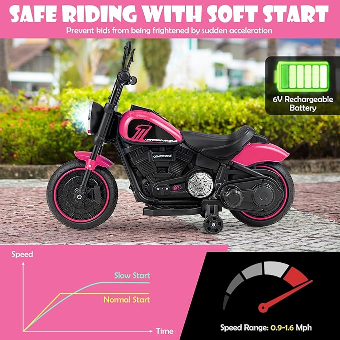 HONEY JOY Ride On Motorcycle, 6V Toddler Motorcycle with LED Light, Music, Foot Pedal, Forward/Backward, Soft Start, 3-Wheel Battery Powered Electric Motorcycle for Kids, Gift for Boys Girls (Pink)