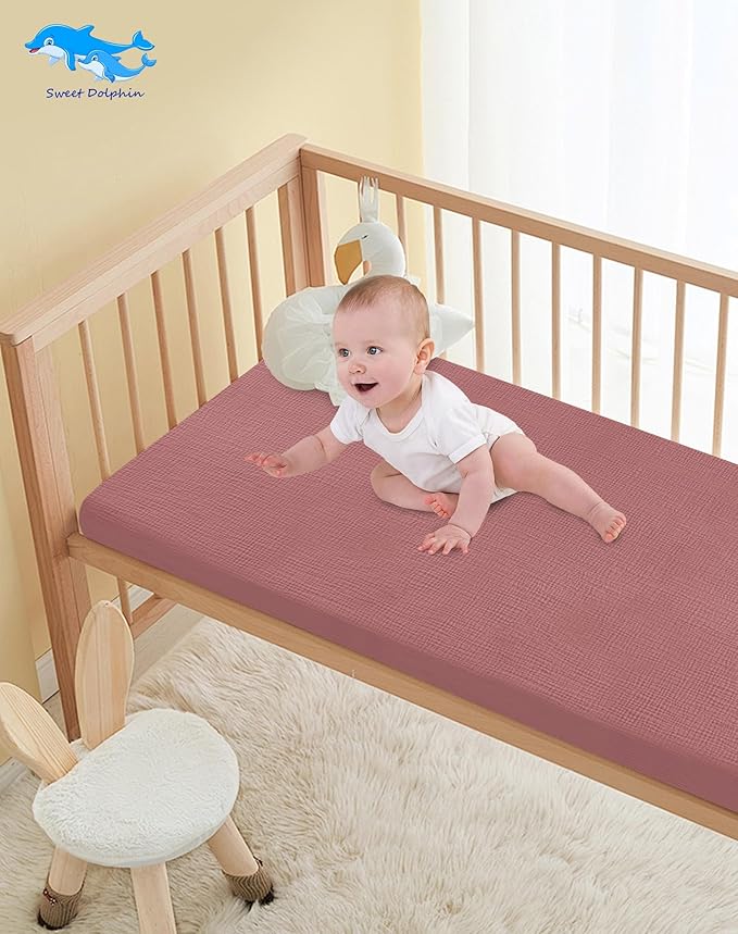 SWEET DOLPHIN 2-Pack Muslin Crib Sheets for Boys & Girls, Ultra Soft Breathable 40S Long-Staple Cotton Fitted Baby Sheets for Standard Crib Mattress 52"x28", Deep Bean Paste- Nursery Essentials