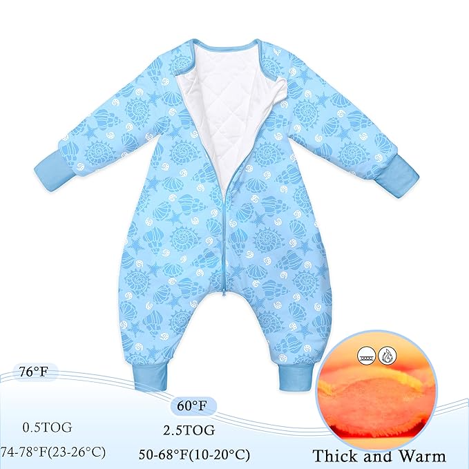 Toddler Sleep Sacks,Winter Long Sleeve Sleeping Sack 2.5Tog, Toddler Sleep Sack with Feet, Baby Sleep Bag Winter, Wearable Blanket with Legs for Early Walkers(Blue Ocean,9M-2T)