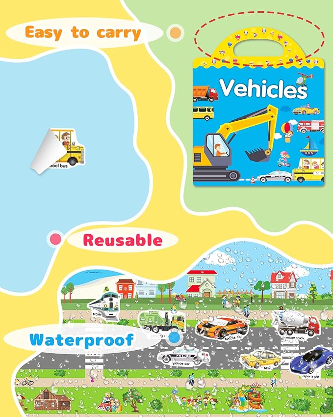 Benresive Reusable Sticker Books for Toddlers, Fun Travel Stickers for Kids, Toddler Sticker Book, Crafts Activities for Toddlers, 3 and Up Birthady Gifts - Vehicle