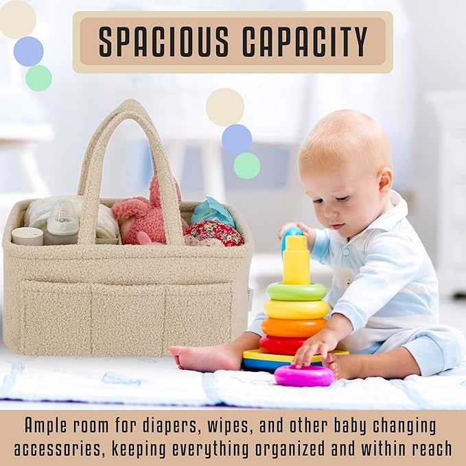 YelloIris Baby Diaper Caddy Organizer – Soft Beige Sherpa with 3 Removable Compartments & 6 Side Pockets – Perfect Nursery Storage Bin & Car Organizer for Diapers, Baby Wipes, and Essential Supplies.